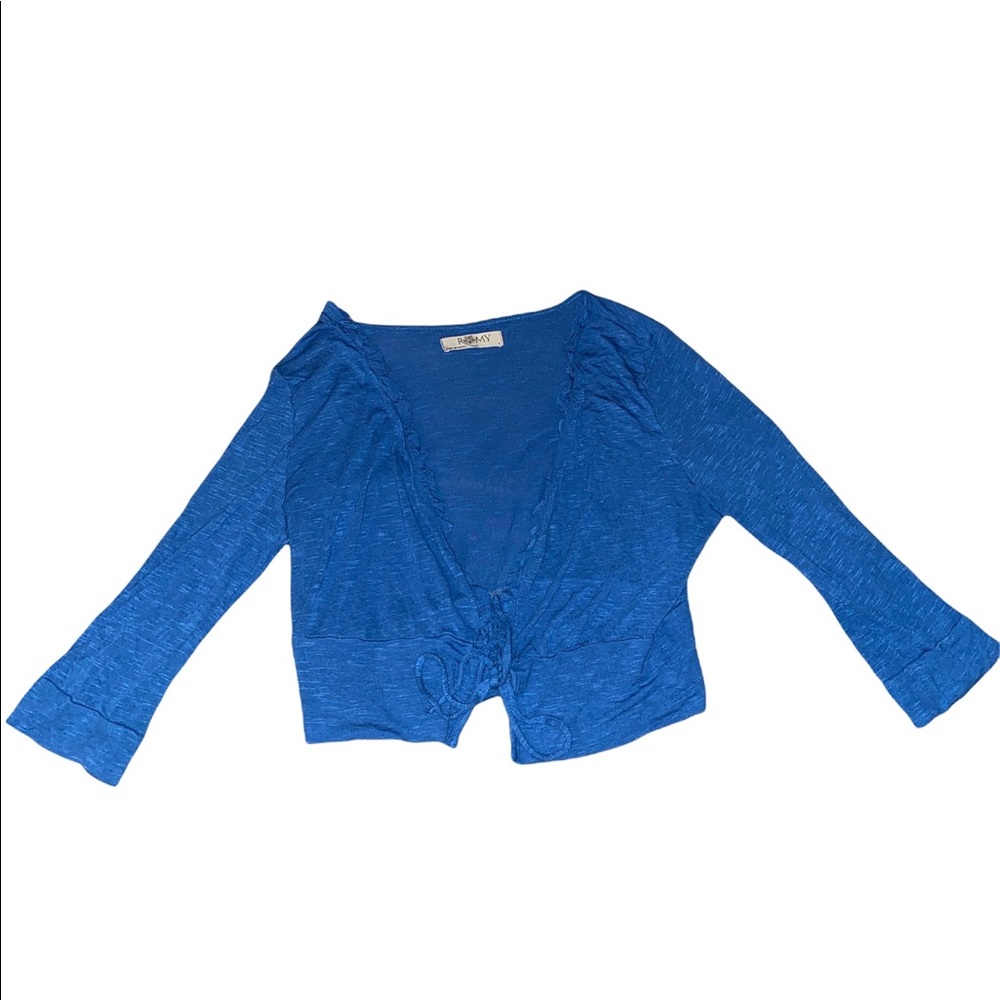 ROMY blue ruffle 3/4 sleeve tie cover up cardigan